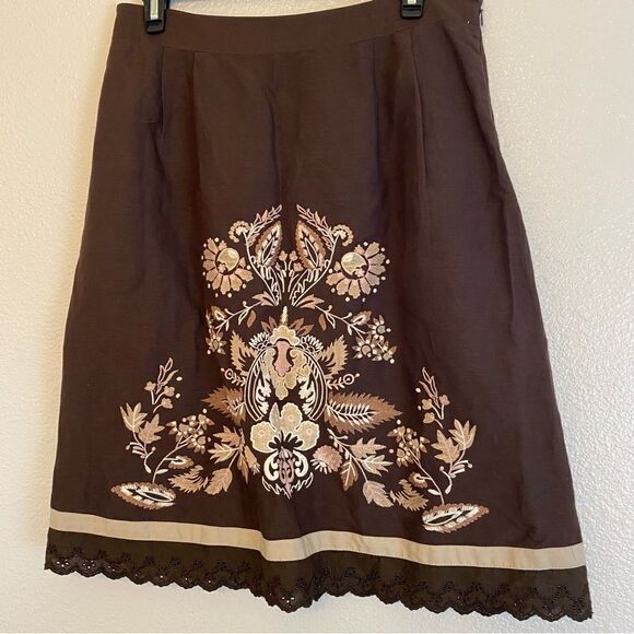 LOFT Dresses & Skirts - Ann Taylor Loft floral embroidered brown linen blend lined A line skirt midi -6